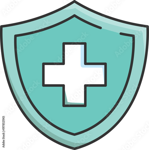 Teal medical shield icon with a white cross, representing health protection, safety, and healthcare services.