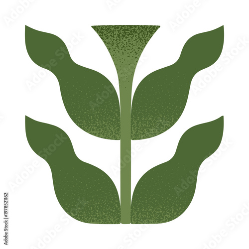 Bold green plant with wavy foliage.Geometric botanical form with soft grain texture.Decorative floral element for prints,cards,branding,packaging.