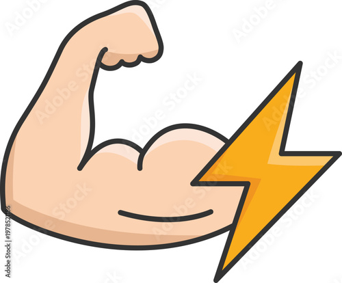 Cartoon illustration of a flexed bicep arm with a yellow lightning bolt symbol representing power and physical strength.