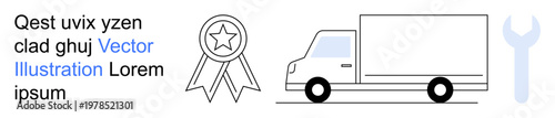 Transportation, delivery services, repair work, recognition, logistics, customer support. A delivery truck, award ribbon and wrench. Transportation and delivery services themed vector