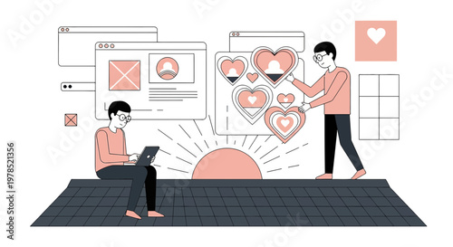 Couple Building Social Media Hearts, Digital Love Connection, Online Dating Concept