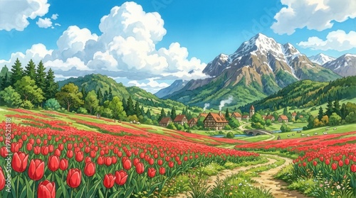 Scenic Mountain Valley with Red Tulip Fields