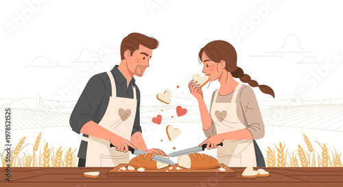 Couple Baking Bread Together, Love Hearts Floating, Wheat Field Background