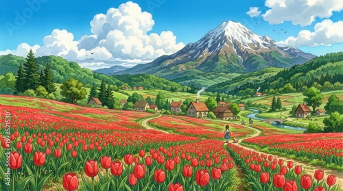 Mountain Landscape with Vibrant Red Flower Field