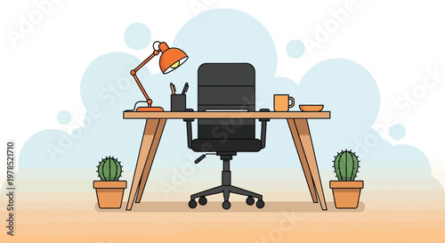 A brightly colored illustration depicts a modern office workspace with a desk chair lamp and plants