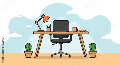 A brightly colored illustration depicts a minimalist home office setup with a desk chair and accessories