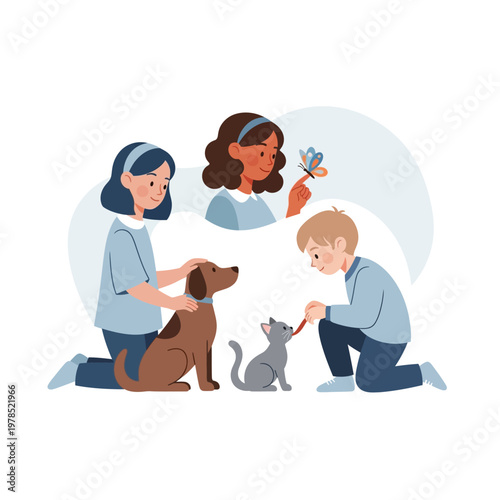 Children showing care and affection towards pets like a dog and a cat, with another child observing a butterfly, illustrating themes of nature and animal interaction.
