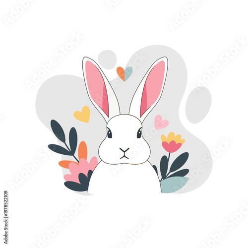 A cute white rabbit with long pink ears peeking from behind colorful flowers and hearts, set against a soft grey abstract background.