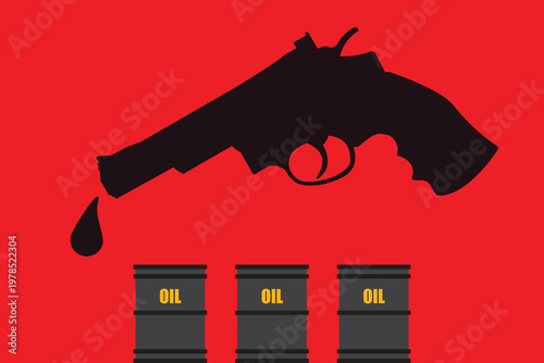Revolver Gun and Oil Barrel on red background. Oil price falling or declining prices or crisis or decrease of petroleum costs or crude or recession concept