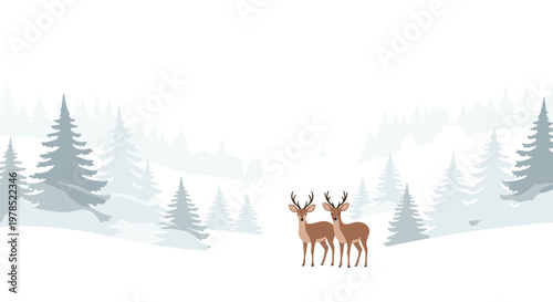 Two antlered deer stand together in a snowy valley surrounded by a dense and misty forest of evergreen trees in this elegant, minimalist winter landscape.