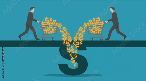 Flow of Money: Businessmen with Carts of Dollar Signs into Large Symbol