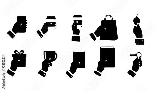 Hands holding objects vector illustration set phone coffee book gift icons