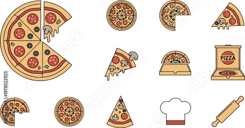 Pizza Set Vector Illustration with Slices, Pizza Box, Rolling Pin, and Chef Hat for Food and Cooking Design Projects