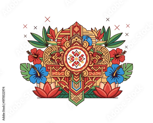 A vibrant, intricate tropical floral mandala design with hibiscus and lotus flowers.