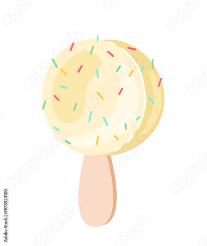 Delicious round ice cream covered in white chocolate glaze and bright sprinkles. Isolated sweet dessert on a wooden stick for summer food designs.