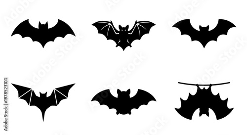 Halloween bat silhouettes collection, 6 black flying bat icons set, spooky vampire bat vector illustrations for party decor and graphic design