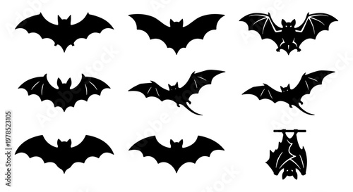 Halloween bat silhouettes collection, 9 black flying bat vector icons, spooky animal shapes for gothic party decor and horror design