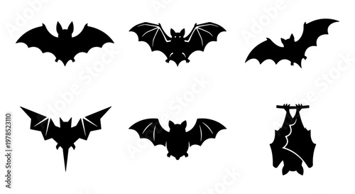 Halloween bat silhouettes set, black flying bat icons collection, spooky nocturnal animal vector elements for gothic design and party decor