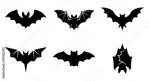Black bat silhouette collection, 6 flying bat icons for Halloween design, spooky nocturnal animal vector set, dark vampire bat wing shapes