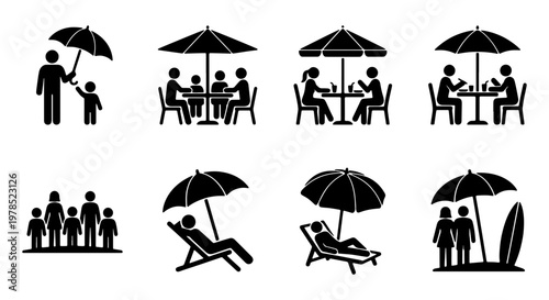 Obraz na plátne Outdoor leisure and dining stick figure icons, set of 8 vector pictograms, peopl