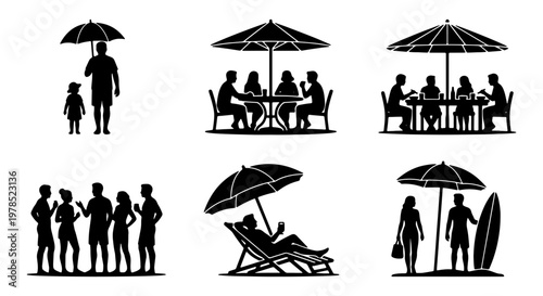 Summer vacation silhouettes set, people relaxing at beach and outdoor cafe, 6 vector elements of family and friends under umbrellas