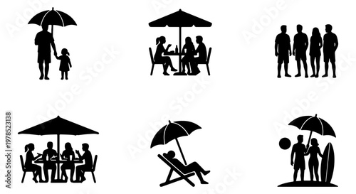 Summer beach silhouettes set, people relaxing under umbrellas vector icons, family and friends on tropical vacation, black flat human figures
