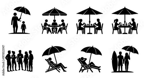 Black silhouette beach icons set, summer vacation people pictograms, outdoor dining and seaside leisure vector elements for travel infographics