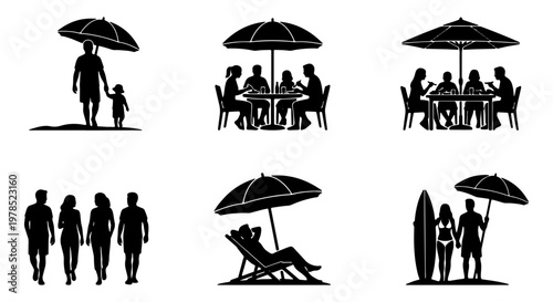 Beach vacation silhouette icons set, summer holiday people under umbrellas, family dining and surfing vector elements for travel design