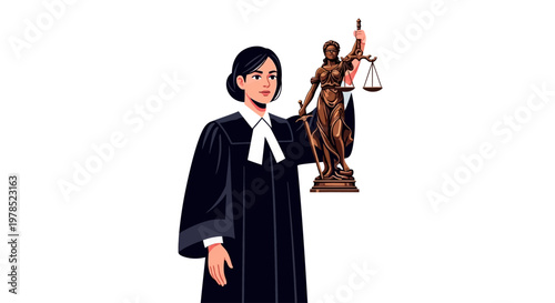 Confident Female Judge or Lawyer in Robes with Lady Justice Statue and Scales