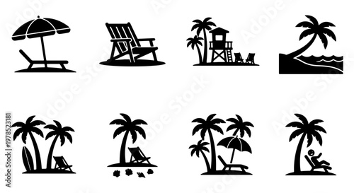 Tropical beach vacation icons set, black silhouette summer holiday symbols, palm tree and deck chair vector illustrations, 8 travel elements