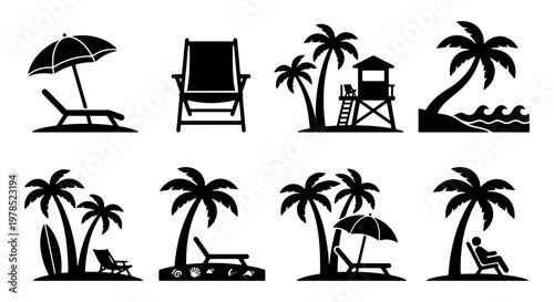 Tropical beach vacation icons set, black silhouette palm tree and lounge chair vector elements, summer holiday travel symbols for web design