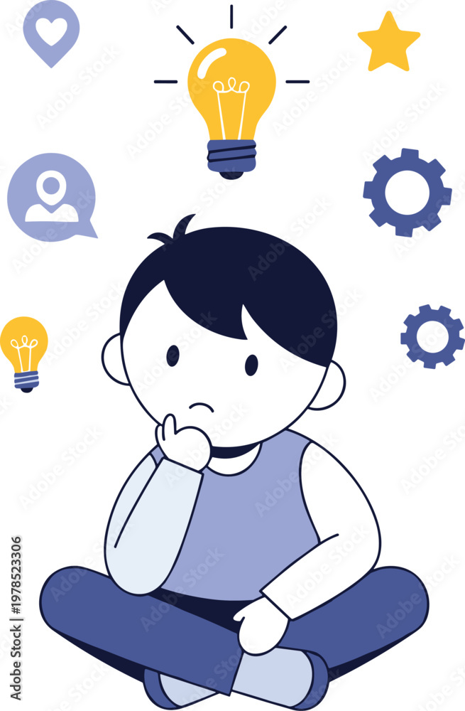 Fototapeta premium Thoughtful Child with Light Bulbs, Gears, and Icons Vector Illustration for Creativity and Problem Solving Design Projects