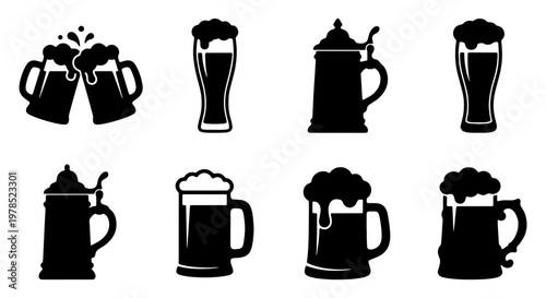 Beer mug and glass icons set, black silhouette brewery symbols with foam, 8 vector elements for pub menus and Oktoberfest festival branding