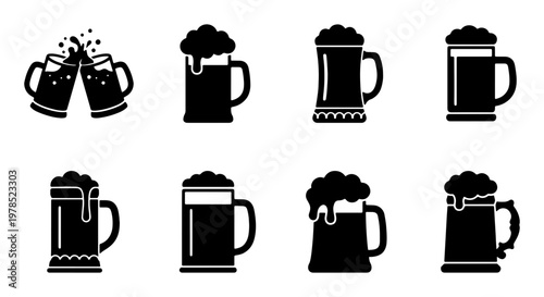 Beer mug icon set with 8 black vector silhouettes, foaming beer glass collection for pub menus, alcoholic beverage symbols for brewery branding