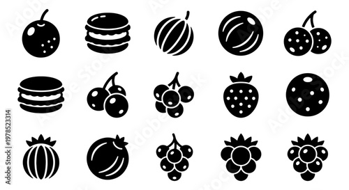 Minimalist fruit icons set, black silhouette berry and dessert symbols, 15 vector elements for food packaging and menu design