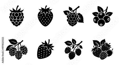 Black berry icons set, minimalist strawberry and raspberry vector silhouettes, 8 organic fruit elements for food packaging and menu design