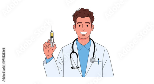 Smiling Male Doctor Holding Medical Syringe for Vaccination or Injection