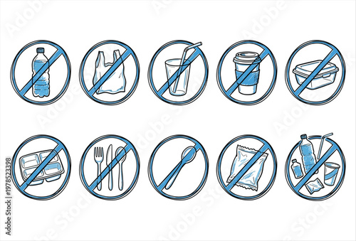 No Plastic Icons Pack – Environmental Protection & Sustainability Signs