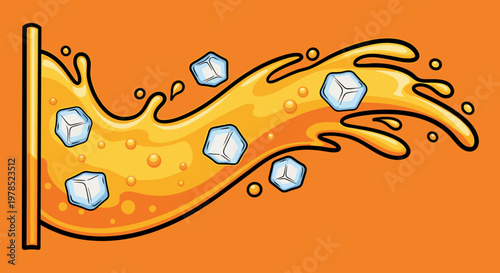 Orange liquid with ice cubes splashing.