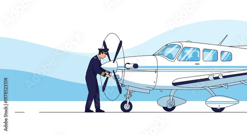 Pilot inspecting aircraft propeller, aviation safety check, preflight preparation illustration