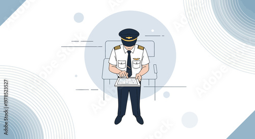 Pilot navigating with a tablet in the airplane cabin background design theme