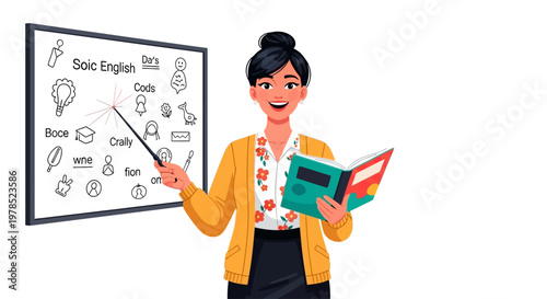 Female English Teacher Pointing at Whiteboard with Educational Icons