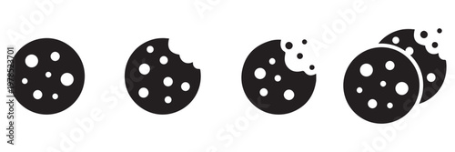Cookie Icon Set Vector, Biscuit and Cracker Snack Symbols, Bitten Cookie Icons in Line, Flat and Color Styles
 Isolated on White Background