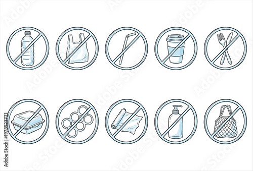No Plastic Icons Pack – Environmental Protection & Sustainability Signs