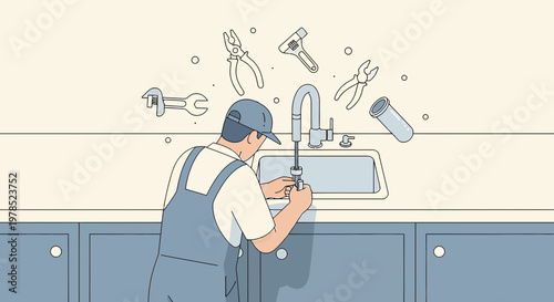 Plumber repairing sink faucet with floating tools showcasing home repair solutions