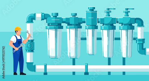 Plumber repairing water filtration system in industrial water treatment facility system
