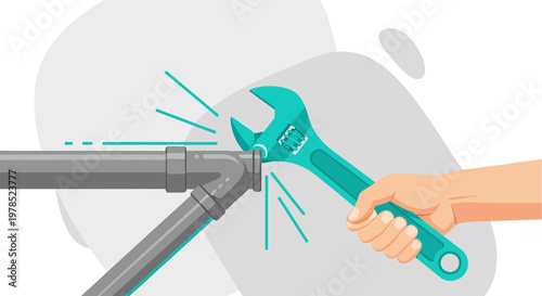 Plumbing repair with adjustable wrench fixing leaking connection flat vector design showing hand