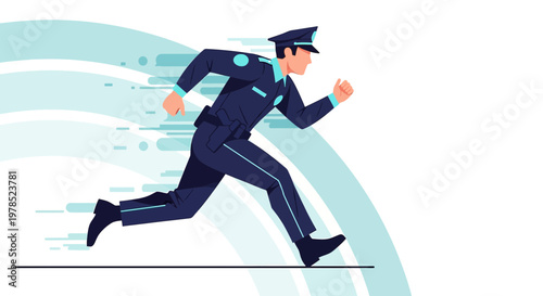 Police officer sprinting in uniform with dynamic motion lines indicating speed and urgency