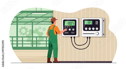 Precision agriculture and climate control with a farm worker adjusting temperature controls inside