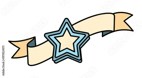 Star with blue outline and ribbon.